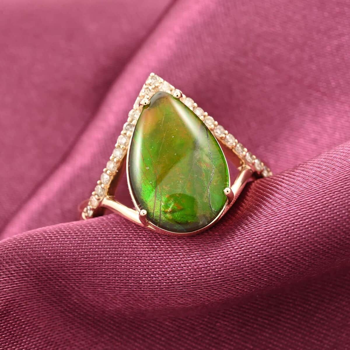 Certified & Appraised Luxoro 10K Yellow Gold AAA Canadian Ammolite (Pear 14x9mm), Diamond (G-H, I2) (0.18 cts) Ring (Size 8.5) image number 1