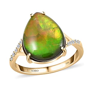 Certified & Appraised Luxoro AAA Canadian Ammolite and G-H I2 Diamond 0.10 ctw Ring in 10K Yellow Gold (Size 6.5)
