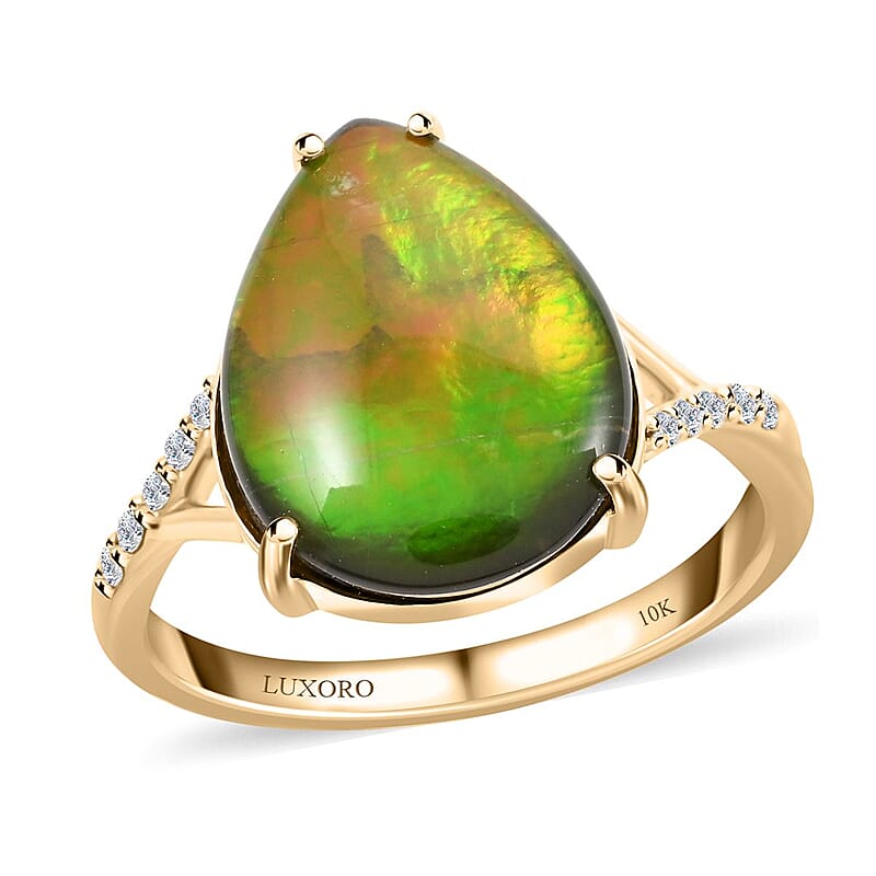 Certified & Appraised Luxoro AAA Canadian Ammolite and G-H I2 Diamond 0.10 ctw Ring in 10K Yellow Gold (Size 8.0)