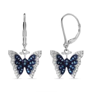 Venice Blue Diamond I1-I2 and White Diamond Butterfly Earrings in Platinum Over Sterling Silver 0.50 ctw