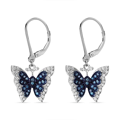 Venice Blue Diamond I1-I2 and White Diamond Butterfly Earrings in Platinum Over Sterling Silver 0.50 ctw