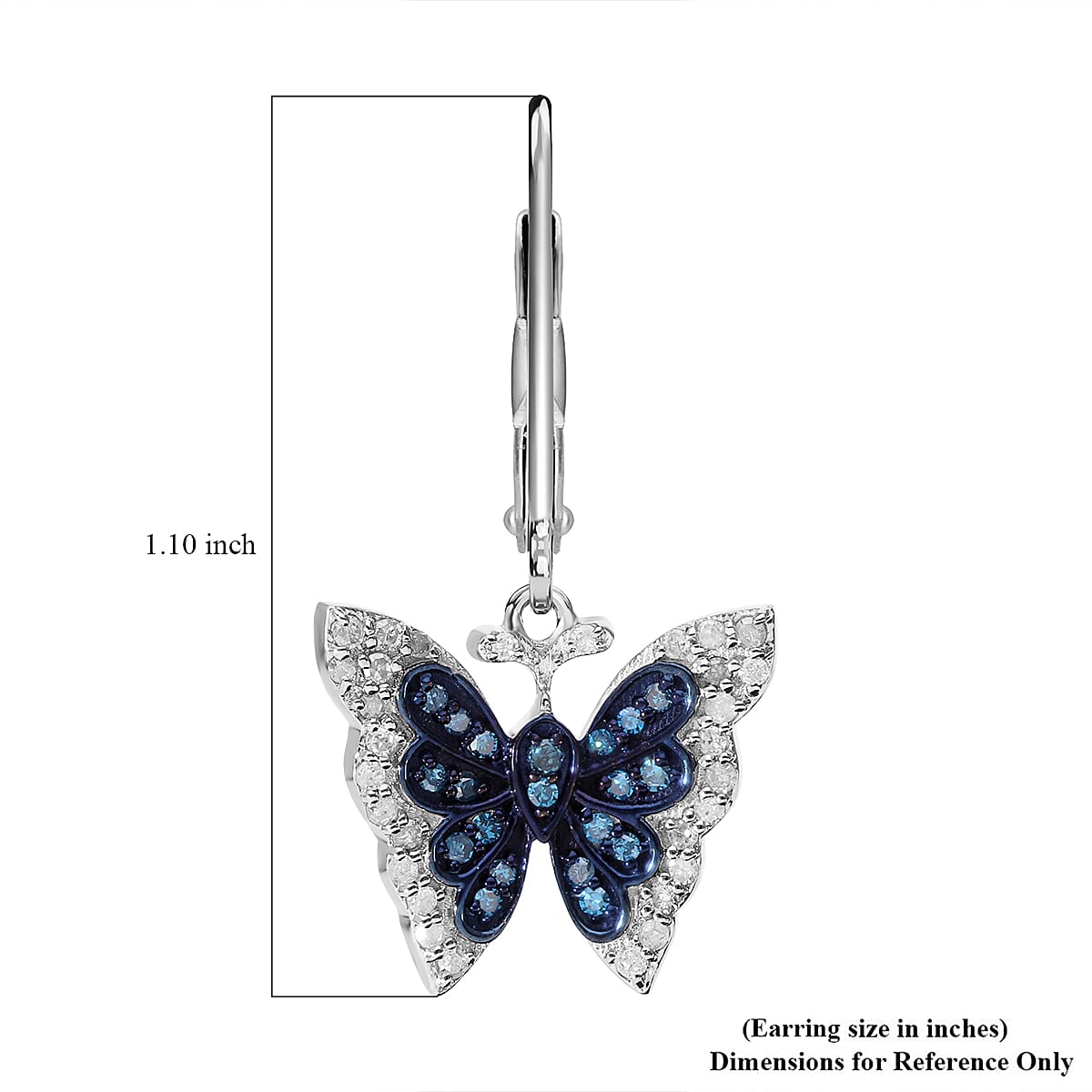 Venice Blue Diamond I1-I2 and White Diamond Butterfly Earrings in Platinum Over Sterling Silver 0.50 ctw