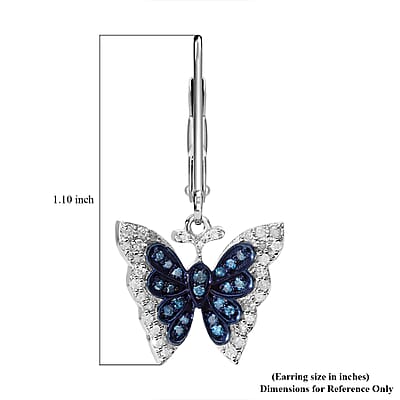 Venice Blue Diamond I1-I2 and White Diamond Butterfly Earrings in Platinum Over Sterling Silver 0.50 ctw
