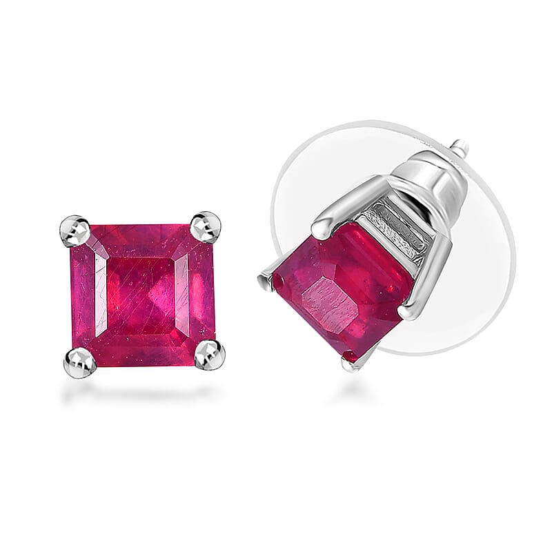 Niassa Ruby (FF) Solitaire Stud Earrings in Platinum Over Sterling Silver 3.35 ctw