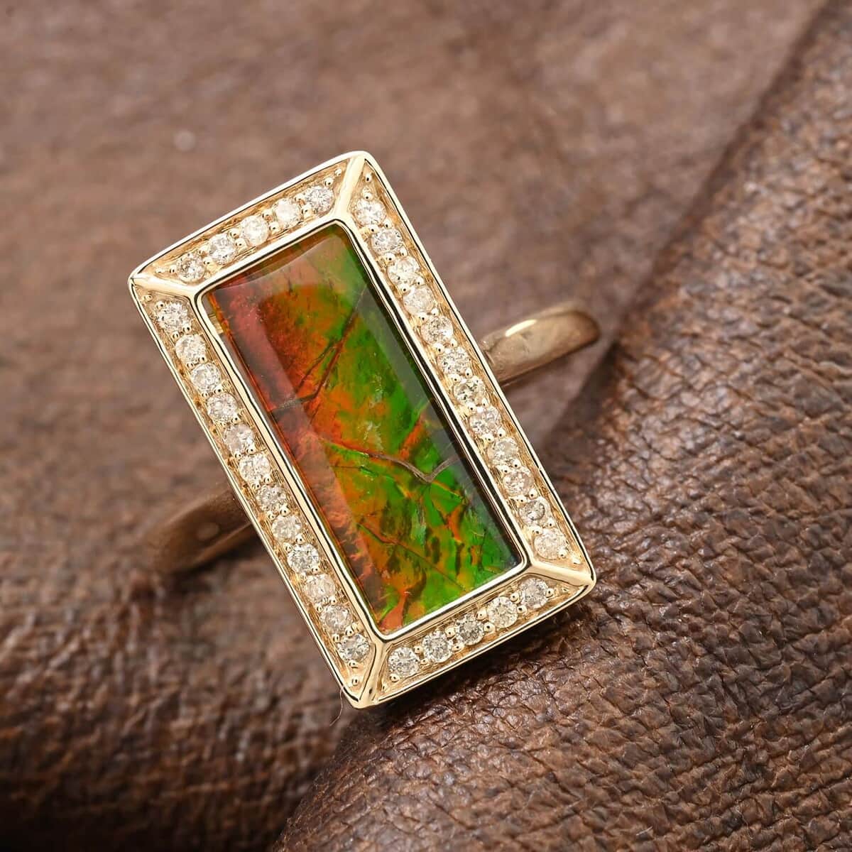 Certified & Appraised Luxoro 10K Yellow Gold AAA Canadian Ammolite and G-H I2 Diamond Ring (Size 10.0) 4.25 Grams 0.27 ctw image number 1