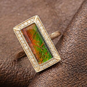 Certified & Appraised Luxoro 10K Yellow Gold AAA Canadian Ammolite, Diamond (G-H, I2) (0.27 cts) Ring (Size 5.0) (4.25 g) 0.27 ctw