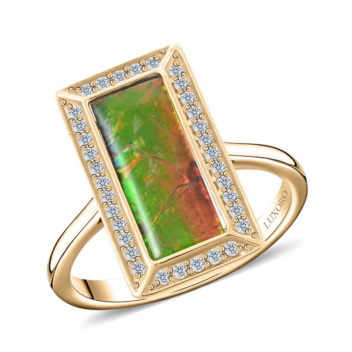 Certified & Appraised Luxoro 10K Yellow Gold AAA Canadian Ammolite and G-H I2 Diamond Ring (Size 8.0) 4.25 Grams 0.27 ctw image number 0