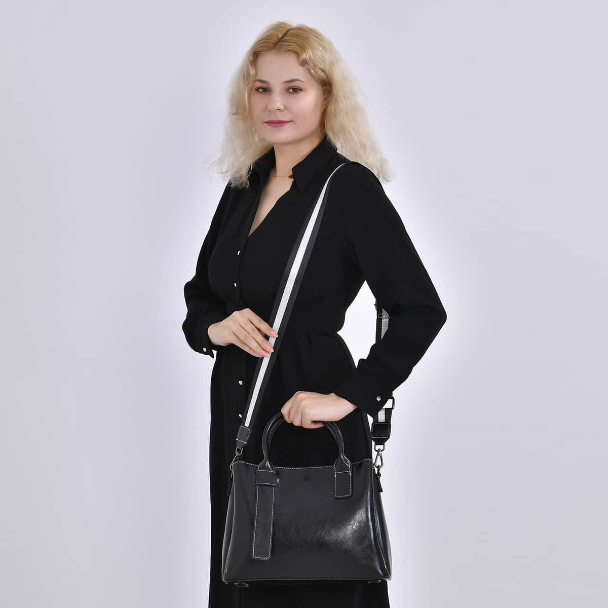 Black Genuine Leather Crossbody Bag with Handle Drop and Long Shoulder Strap image number 1