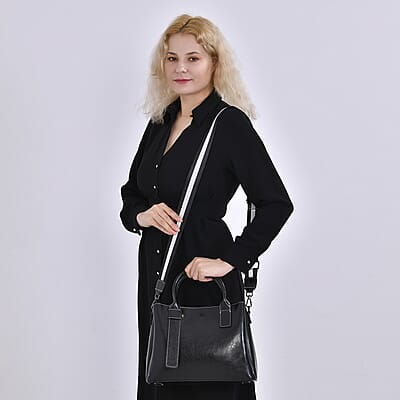 Black Genuine Leather Crossbody Bag with Handle Drop and Long Shoulder Strap