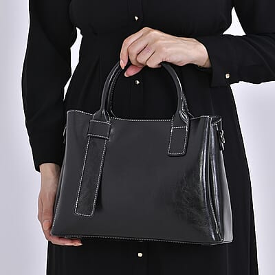 Black Genuine Leather Crossbody Bag with Handle Drop and Long Shoulder Strap