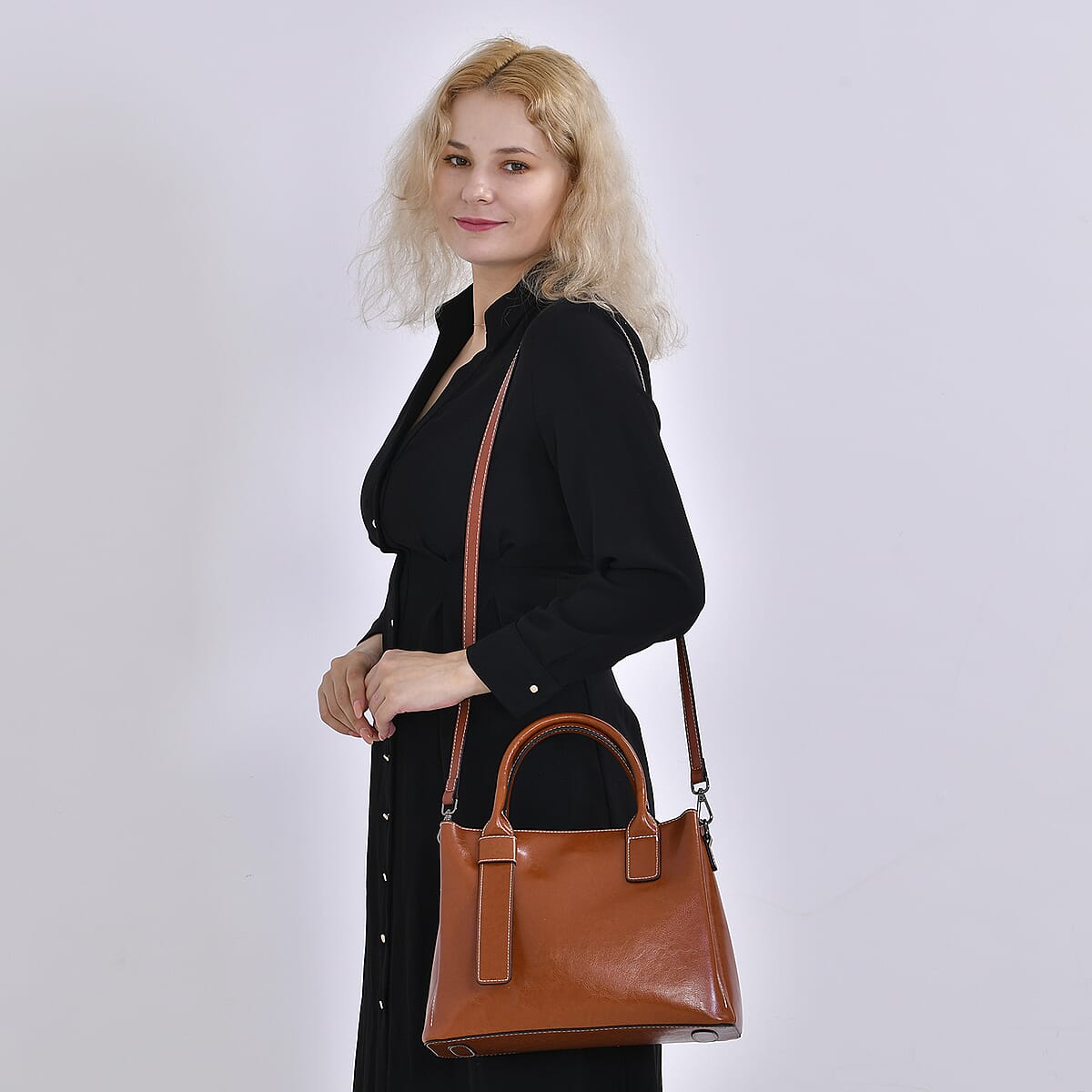 Tan Genuine Leather Crossbody Bag with Handle Drop and Long Shoulder Strap image number 1