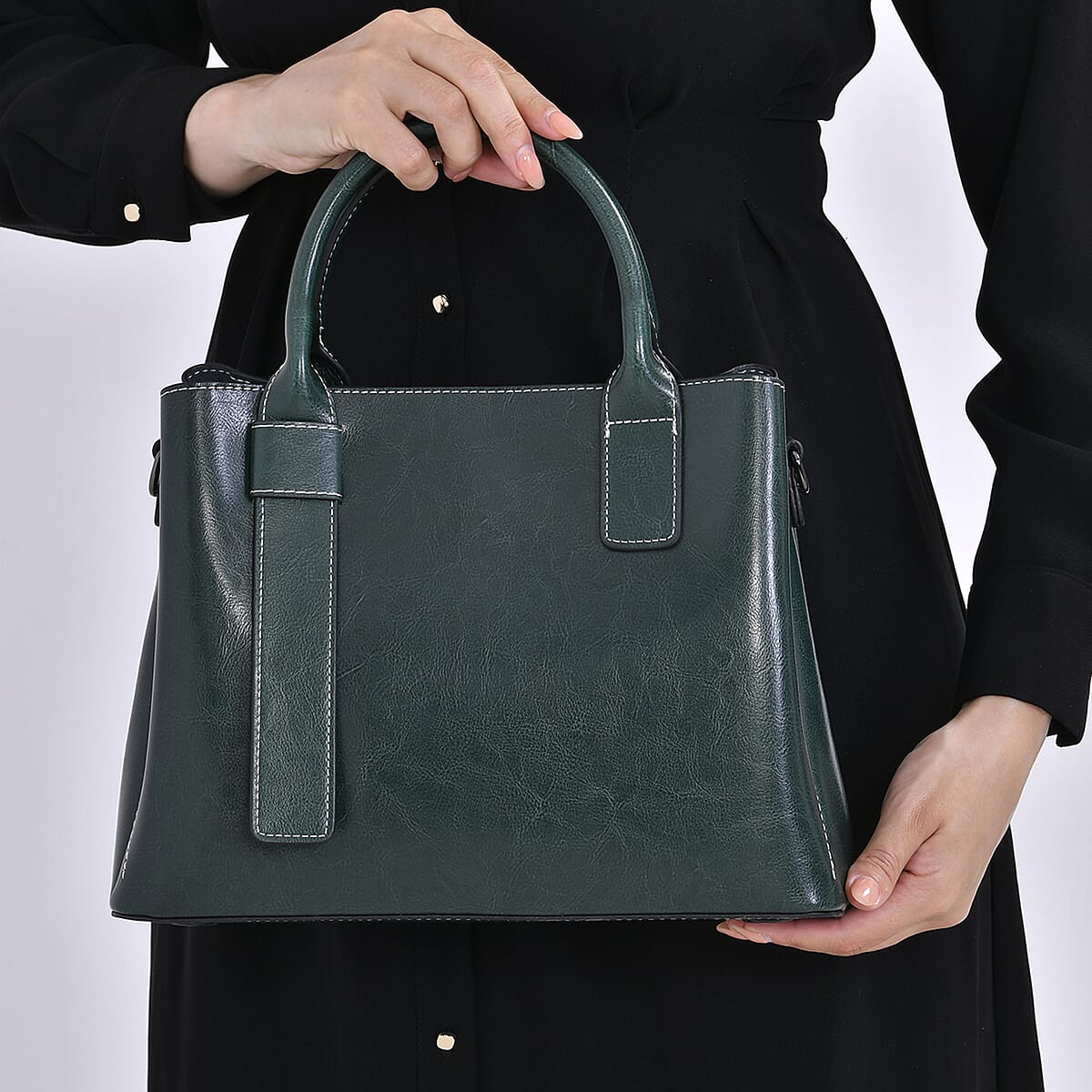 Green Genuine Leather Crossbody Bag with Handle Drop and Long Shoulder Strap image number 2