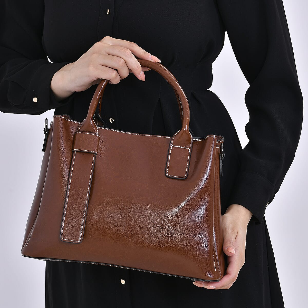 Brown Genuine Leather Crossbody Bag with Handle Drop and Long Shoulder Strap image number 2
