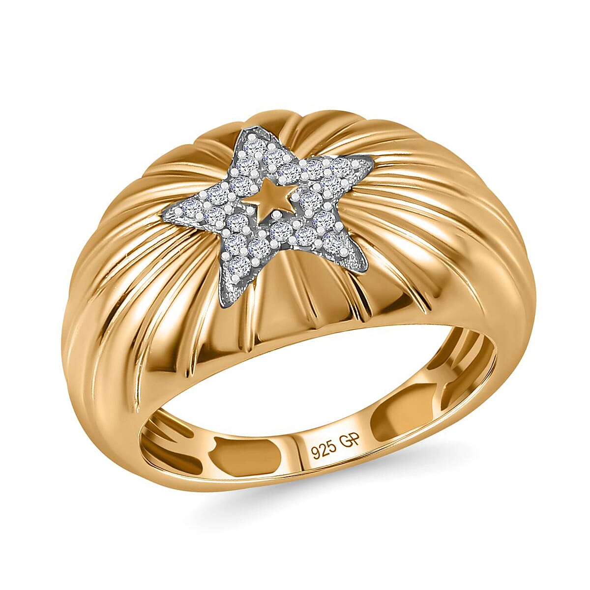 Kanchanaburi Blue Sapphire and Diamond 0.15 ctw Ring in Vermeil Yellow Gold Over Sterling Silver (Size 9.0)
