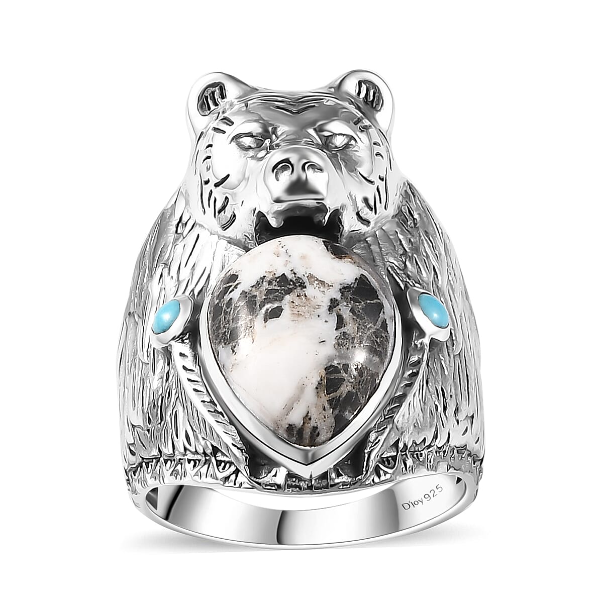 Artisan Crafted White Buffalo and Sleeping Beauty Turquoise Bear Head Men's Ring in Sterling Silver (Size 10.0) 8.60 ctw
