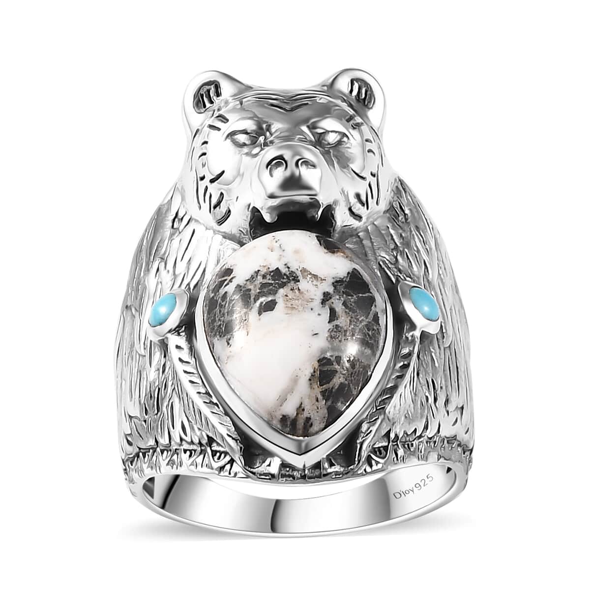 Artisan Crafted White Buffalo and Sleeping Beauty Turquoise Bear Head Men's Ring in Sterling Silver (Size 10.0) 8.60 ctw image number 0