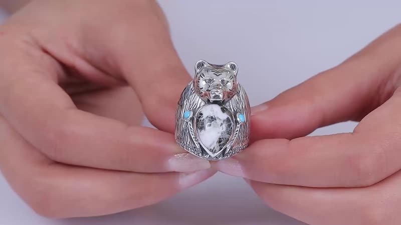 Artisan Crafted White Buffalo and Sleeping Beauty Turquoise Bear Head Men's Ring in Sterling Silver (Size 10.0) 8.60 ctw