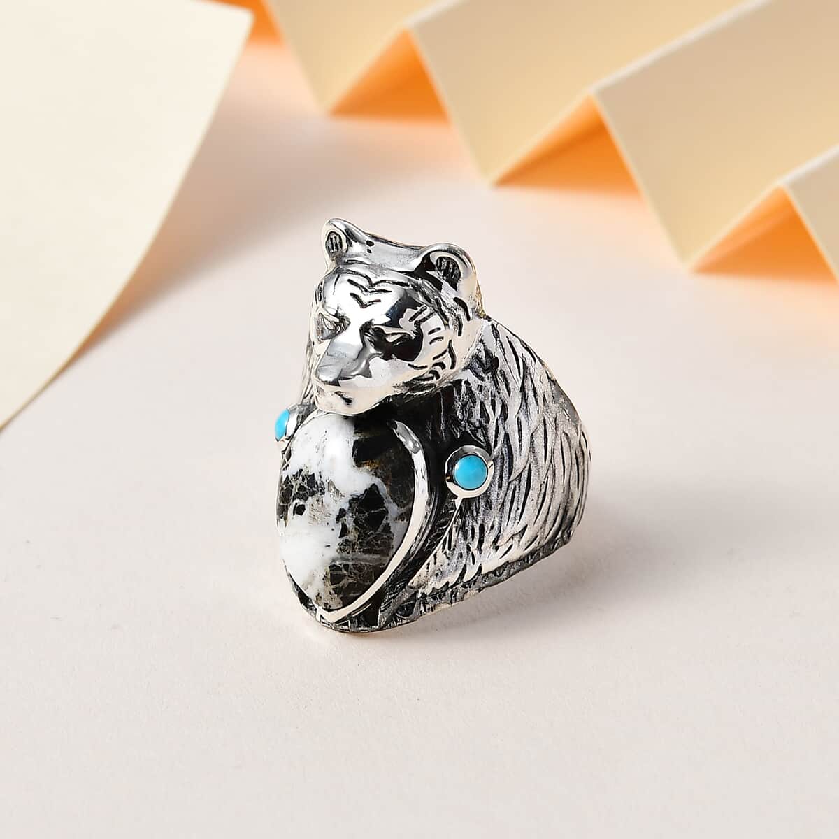 Artisan Crafted White Buffalo and Sleeping Beauty Turquoise Bear Head Men's Ring in Sterling Silver (Size 10.0) 8.60 ctw image number 1