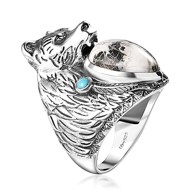 Artisan Crafted White Buffalo and Sleeping Beauty Turquoise Bear Head Men's Ring in Sterling Silver (Size 10.0) 8.60 ctw