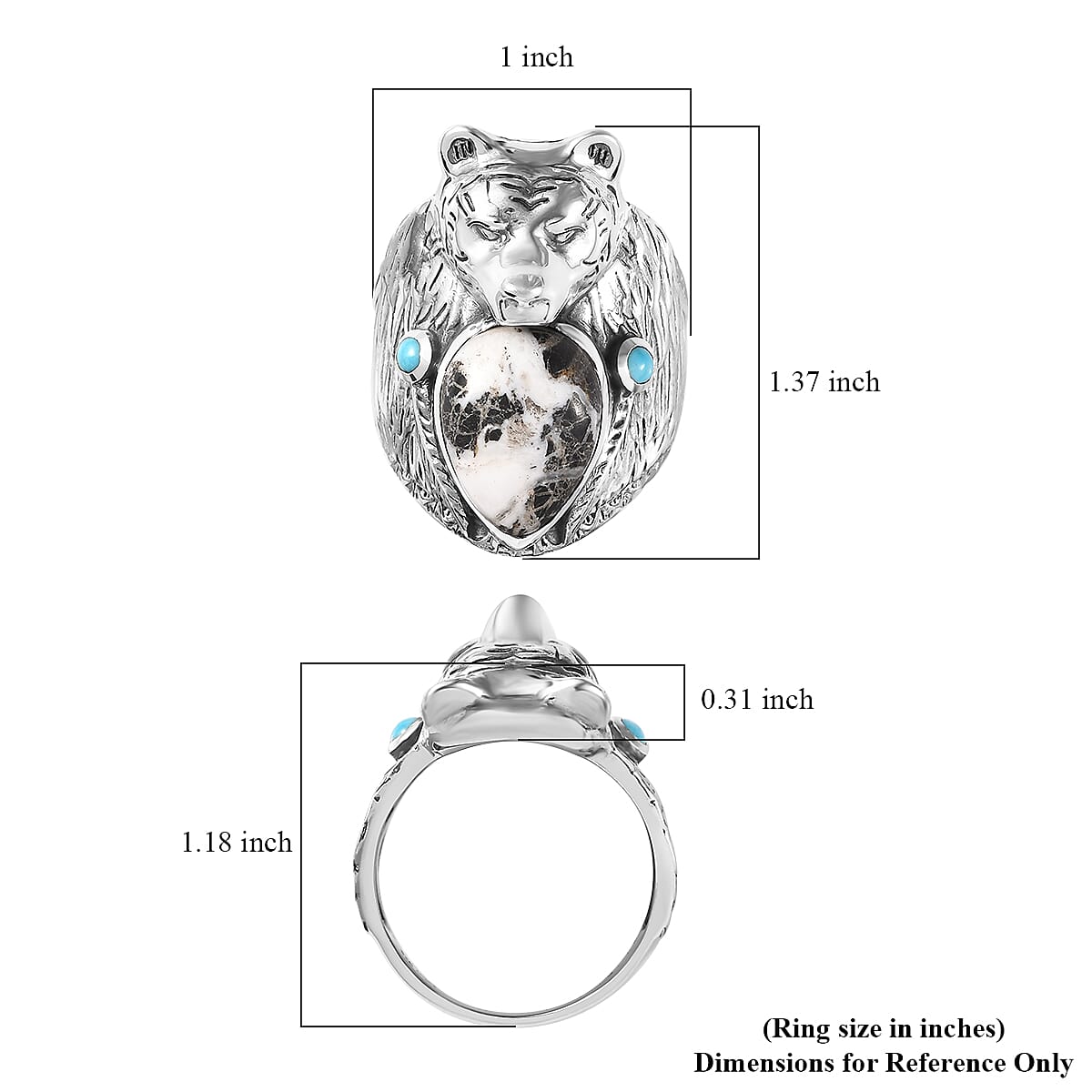 Artisan Crafted White Buffalo and Sleeping Beauty Turquoise Bear Head Men's Ring in Sterling Silver (Size 10.0) 8.60 ctw