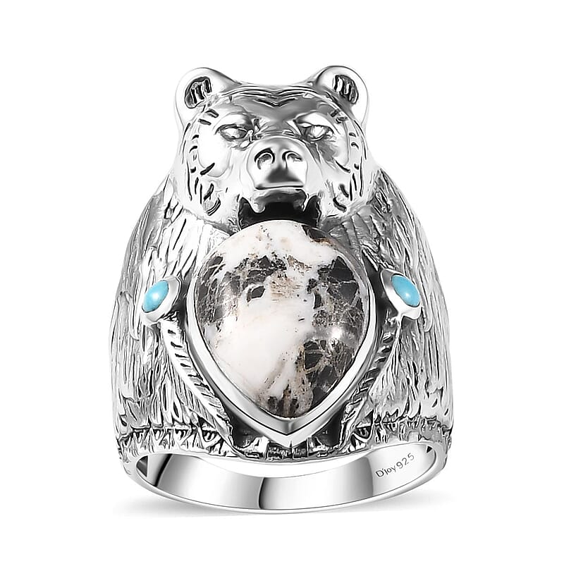 Artisan Crafted White Buffalo and Sleeping Beauty Turquoise Bear Head Men's Ring in Sterling Silver (Size 11.0) 8.60 ctw