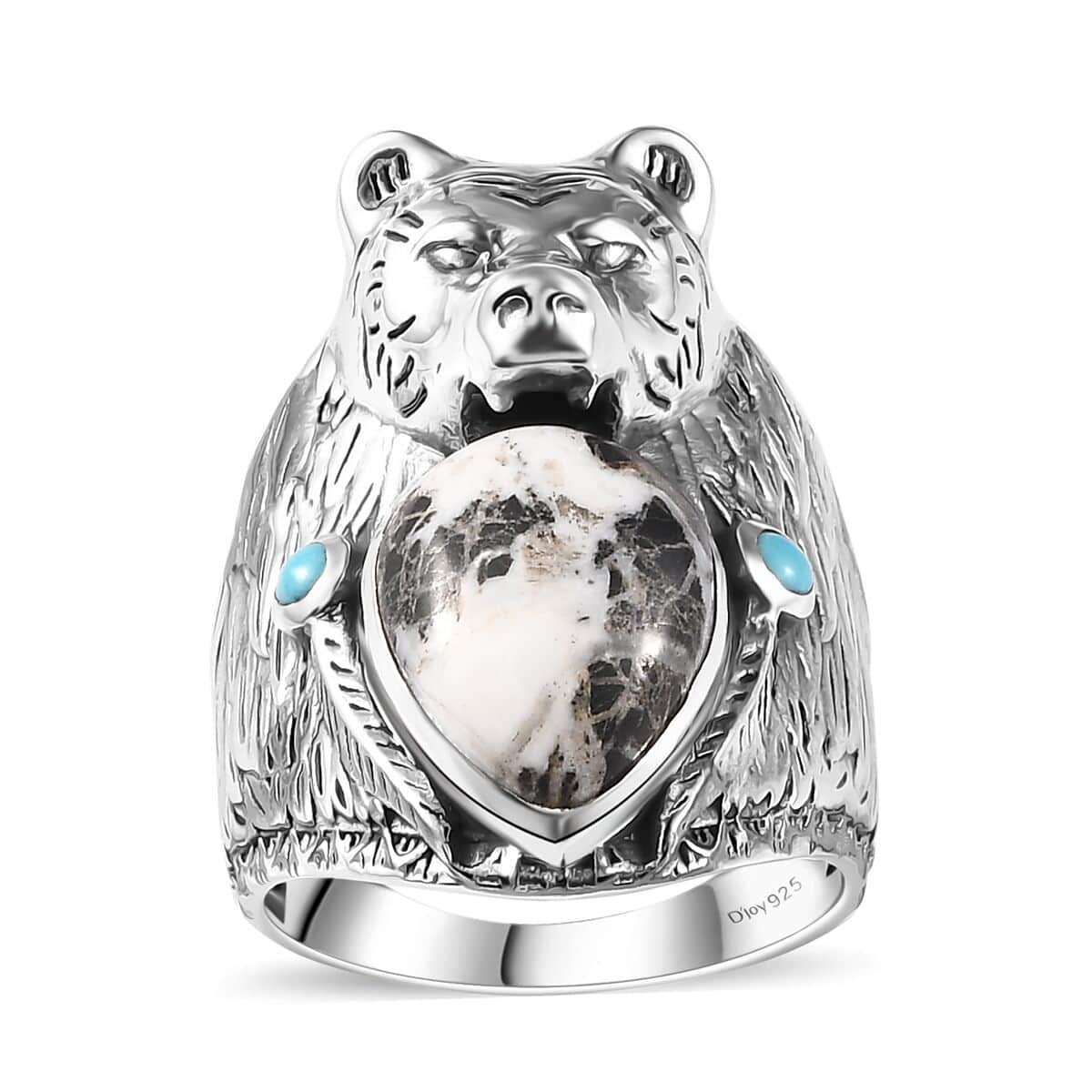 Artisan Crafted White Buffalo and Sleeping Beauty Turquoise Bear Head Men's Ring in Sterling Silver (Size 11.0) 8.60 ctw image number 0