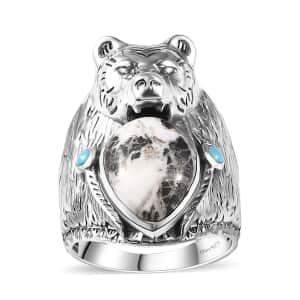 Artisan Crafted White Buffalo and Sleeping Beauty Turquoise Bear Head Men's Ring in Sterling Silver (Size 11.0) 8.60 ctw