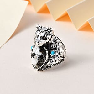 Artisan Crafted White Buffalo and Sleeping Beauty Turquoise Bear Head Men's Ring in Sterling Silver (Size 11.0) 8.60 ctw