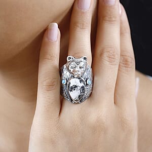 Artisan Crafted White Buffalo and Sleeping Beauty Turquoise Bear Head Men's Ring in Sterling Silver (Size 11.0) 8.60 ctw