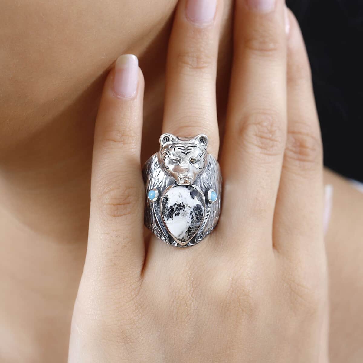 Artisan Crafted White Buffalo and Sleeping Beauty Turquoise Bear Head Men's Ring in Sterling Silver (Size 11.0) 8.60 ctw image number 2