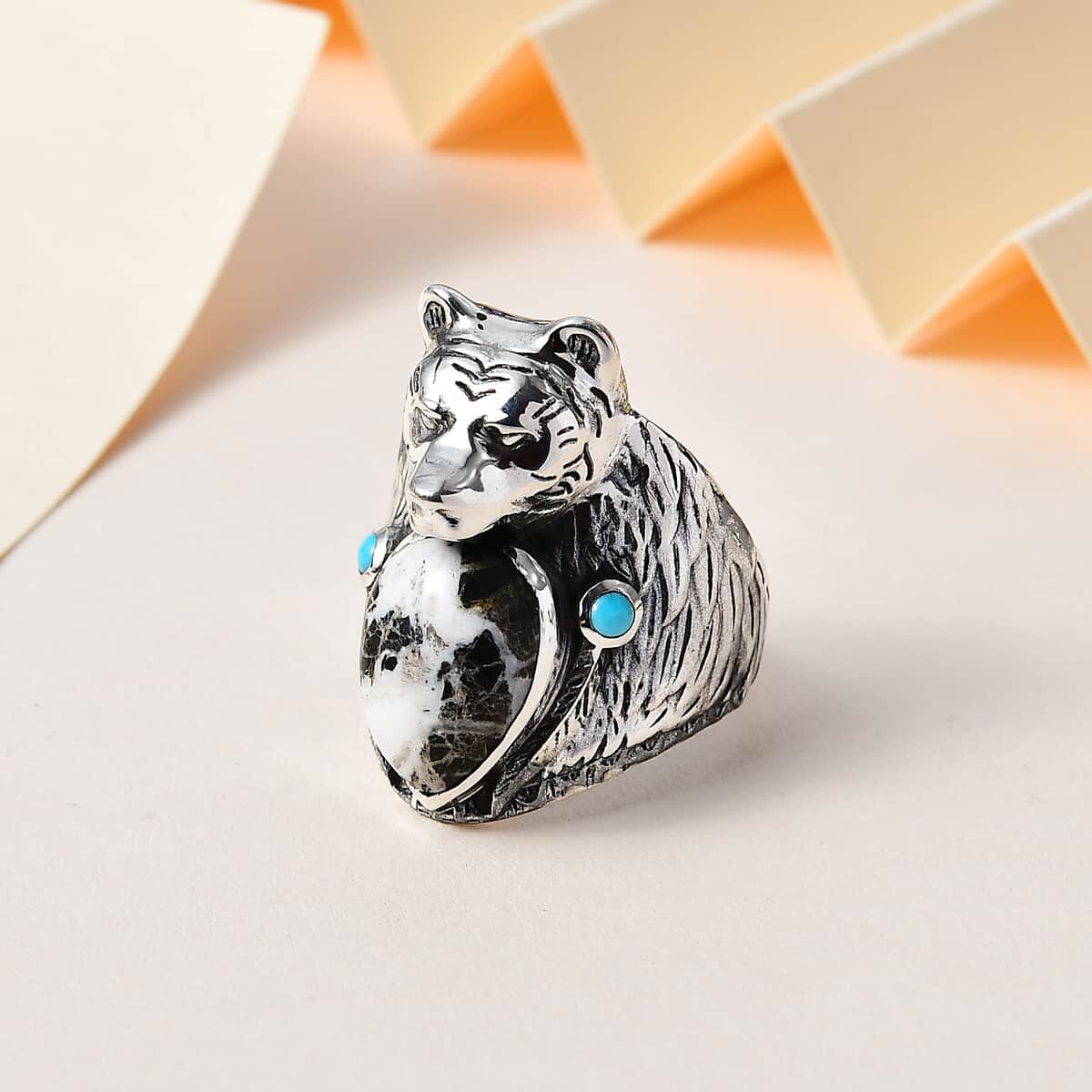 Artisan Crafted White Buffalo and Sleeping Beauty Turquoise Bear Head Men's Ring in Sterling Silver (Size 12.0) 8.60 ctw image number 1