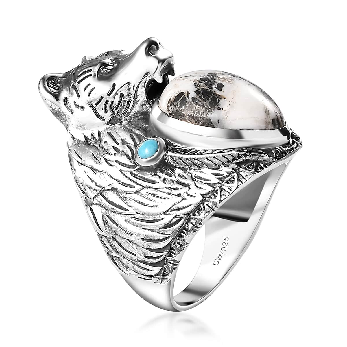 Artisan Crafted White Buffalo and Sleeping Beauty Turquoise Bear Head Men's Ring in Sterling Silver (Size 12.0) 8.60 ctw image number 3