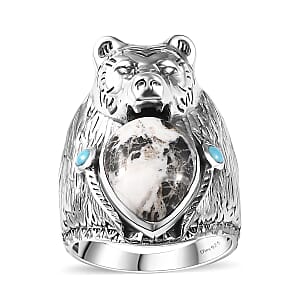 Artisan Crafted White Buffalo and Sleeping Beauty Turquoise Bear Head Men's Ring in Sterling Silver (Size 13.0) 8.60 ctw