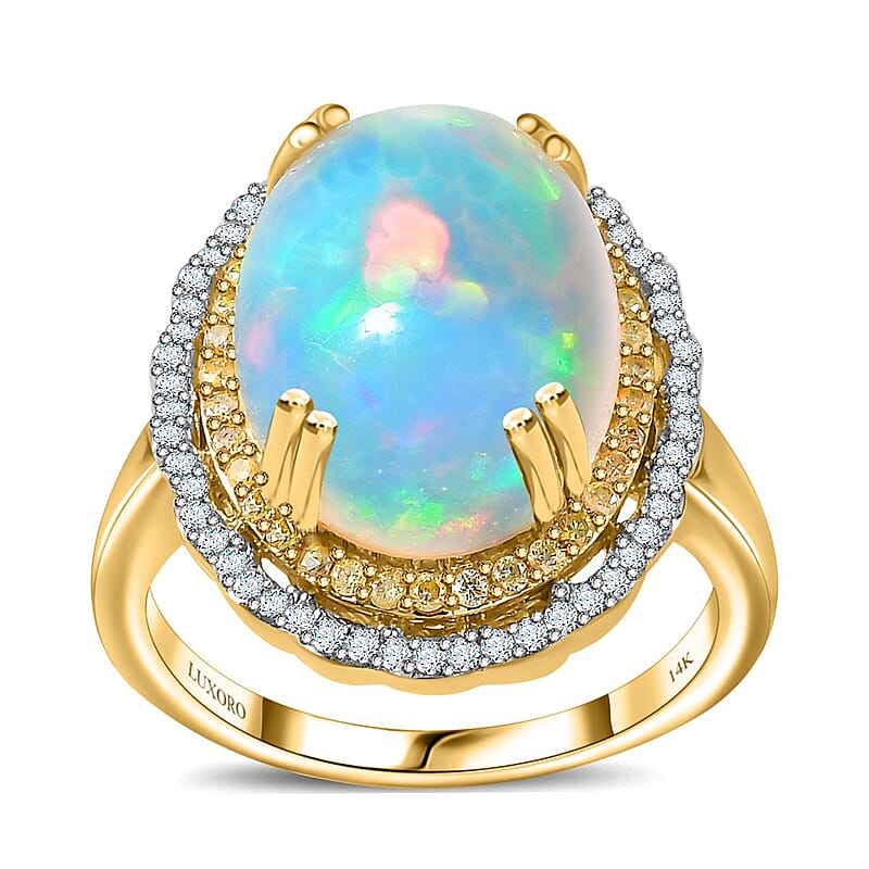 Luxoro 14K Yellow Gold AAA Ethiopian Welo Opal, Natural Yellow and White Diamond I3 Ring (Size 10.0) 6.85 Grams 7.85 ctw