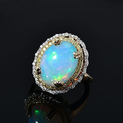 Luxoro 14K Yellow Gold AAA Ethiopian Welo Opal, Natural Yellow and White Diamond I3 Ring (Size 10.0) 6.85 Grams 7.85 ctw