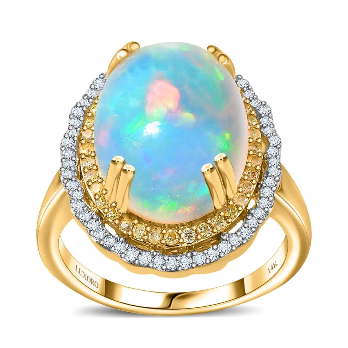 Luxoro 14K Yellow Gold AAA Ethiopian Welo Opal, Natural Yellow and White Diamond I3 Ring (Size 10.0) 6.85 Grams 7.30 ctw (Del. image number 0