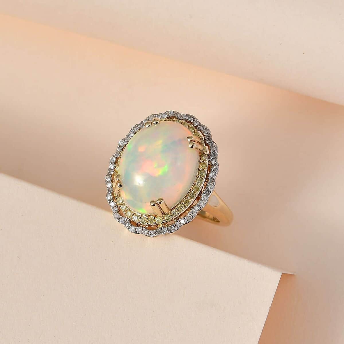 Luxoro 14K Yellow Gold AAA Ethiopian Welo Opal, Natural Yellow and White Diamond I3 Ring (Size 10.0) 6.85 Grams 7.30 ctw (Del. image number 1