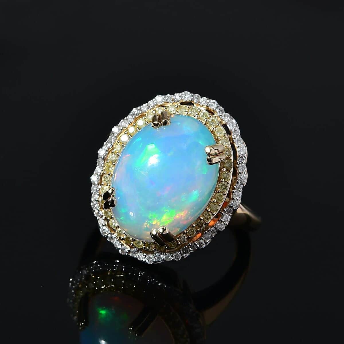 Luxoro 14K Yellow Gold AAA Ethiopian Welo Opal, Natural Yellow and White Diamond I3 Ring (Size 10.0) 6.85 Grams 7.30 ctw (Del. image number 2