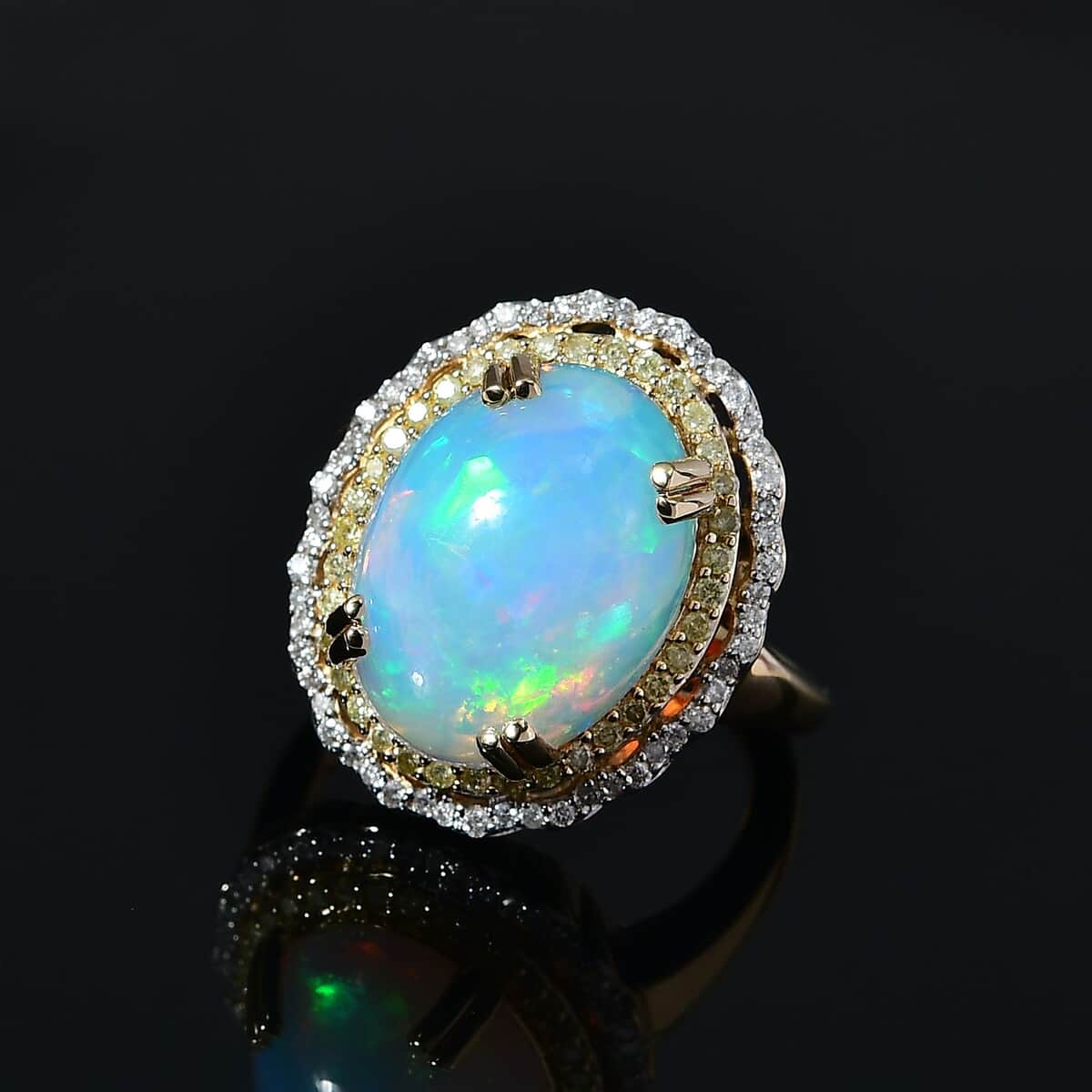 Luxoro 14K Yellow Gold AAA Ethiopian Welo Opal, Natural Yellow and White Diamond I3 Ring (Size 7.0) 6.85 Grams 7.85 ctw image number 2