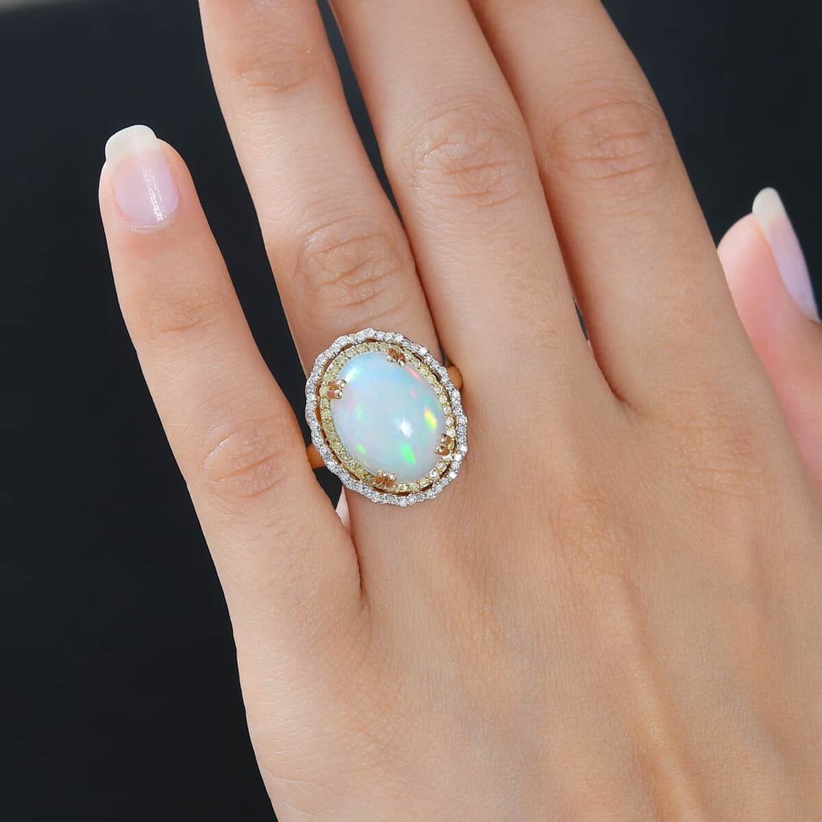 Luxoro 14K Yellow Gold AAA Ethiopian Welo Opal, Natural Yellow and White Diamond I3 Ring (Size 7.0) 6.85 Grams 7.85 ctw image number 3