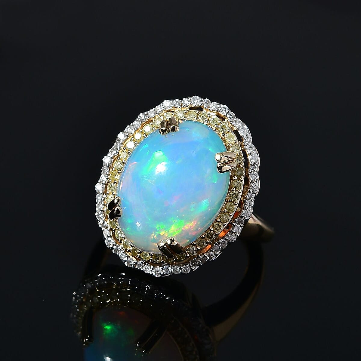 Luxoro 14K Yellow Gold AAA Ethiopian Welo Opal, Natural Yellow and White Diamond I3 Ring (Size 9.0) 6.85 Grams 7.85 ctw image number 2