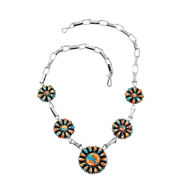 Santa Fe Style Spiny Turquoise Necklace 16 Inches in Sterling Silver 451.50 ctw