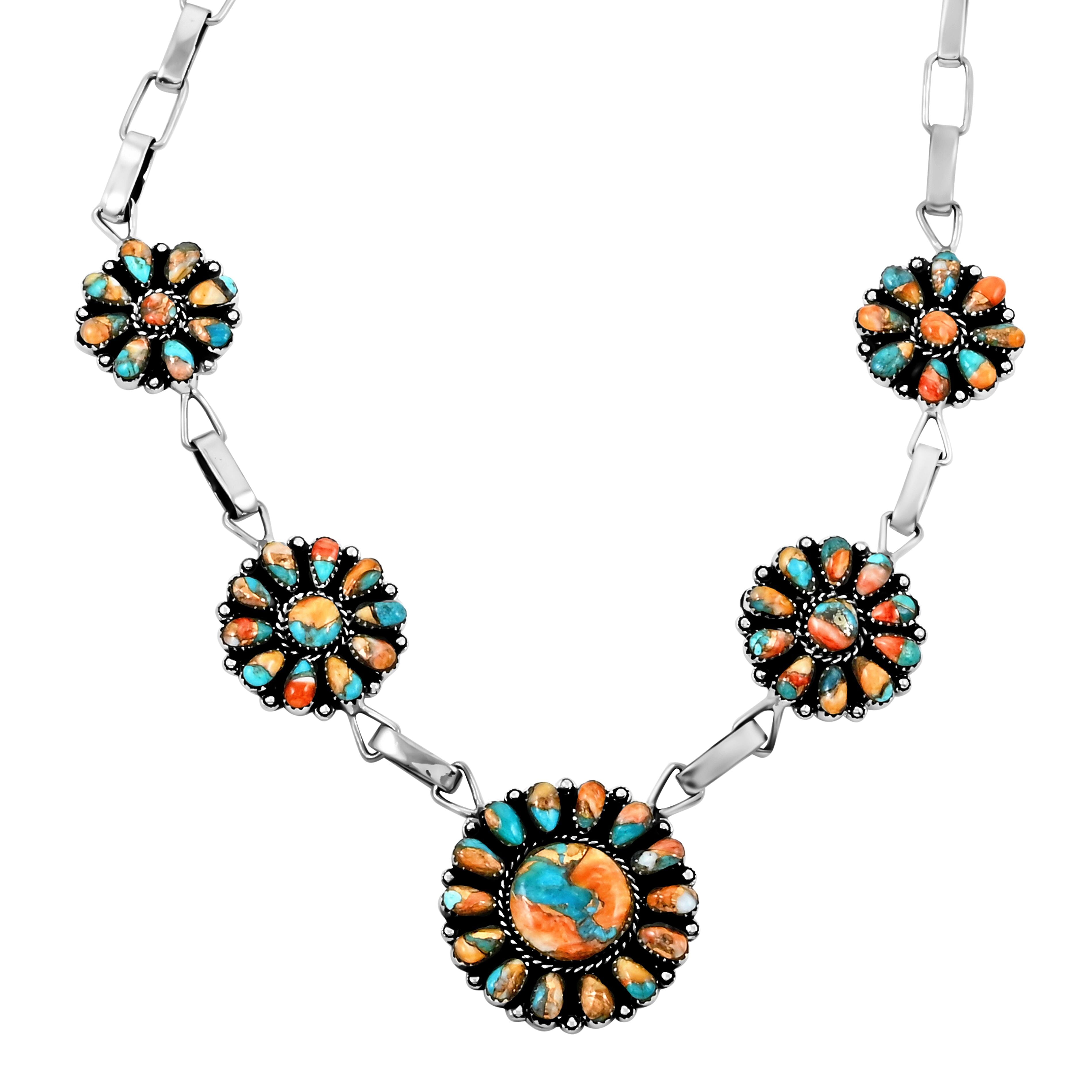 Santa Fe Style Spiny Turquoise Necklace 16 Inches in Sterling Silver 451.50 ctw