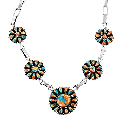 Santa Fe Style Spiny Turquoise Necklace 16 Inches in Sterling Silver 451.50 ctw