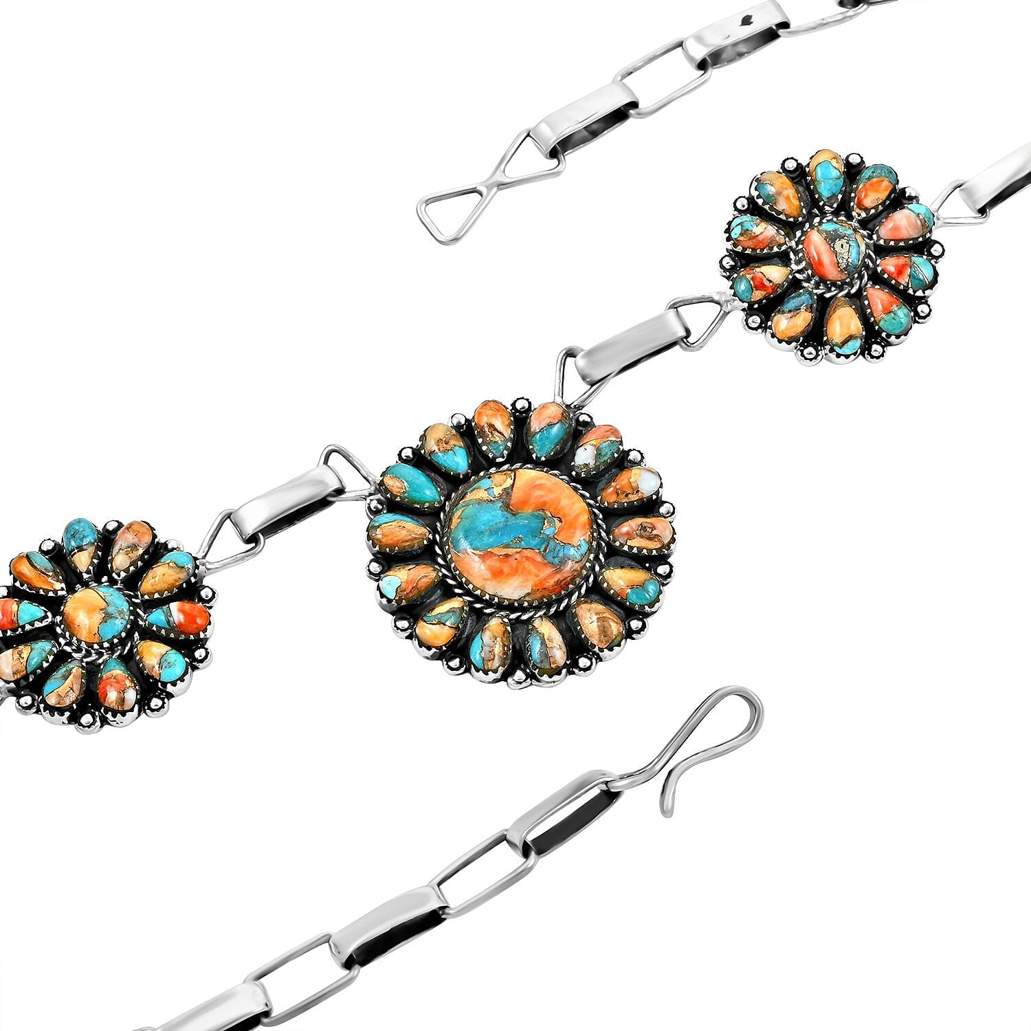 Santa Fe Style Spiny Turquoise Necklace 16 Inches in Sterling Silver 451.50 ctw