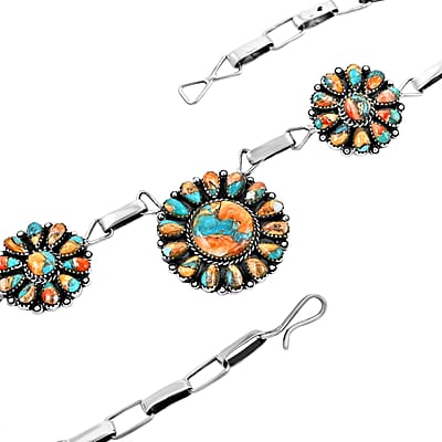 Santa Fe Style Spiny Turquoise Necklace 16 Inches in Sterling Silver 451.50 ctw