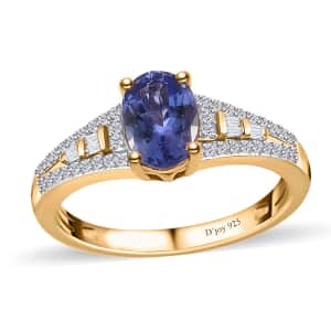 AAA Tanzanite and Diamond Bridge Ring in Vermeil Yellow Gold Over Sterling Silver (Size 6.0) 1.30 ctw
