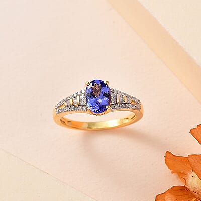 AAA Tanzanite and Diamond Bridge Ring in Vermeil Yellow Gold Over Sterling Silver (Size 6.0) 1.30 ctw