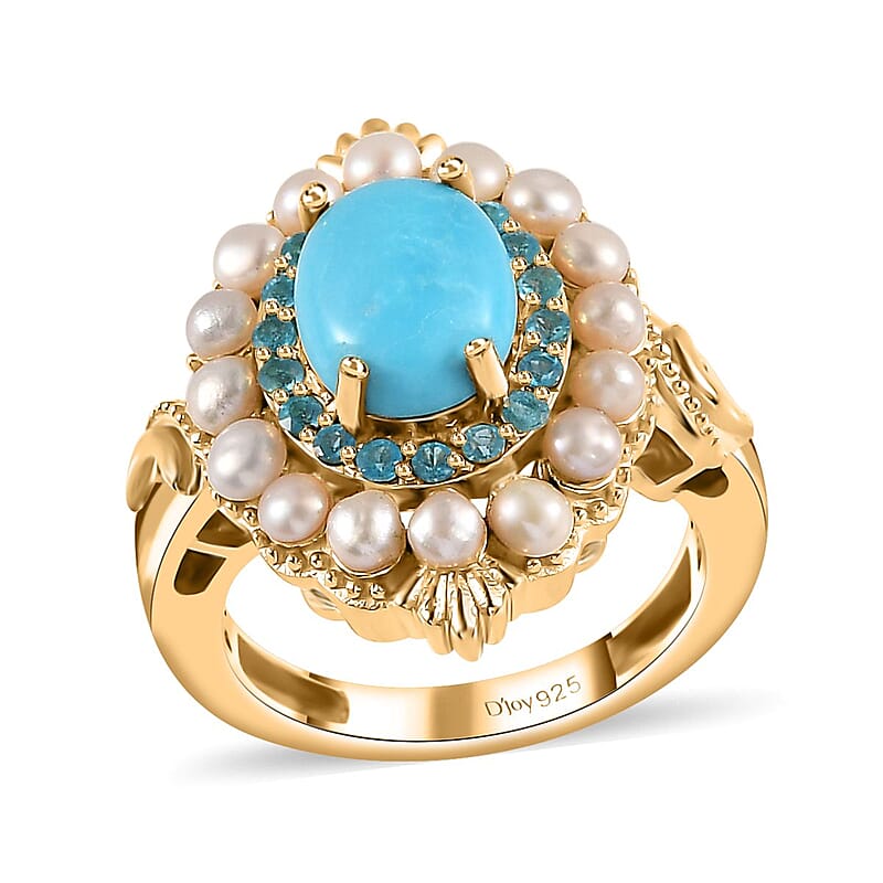 Sleeping Beauty Turquoise, Freshwater Pearl and Malgache Neon Apatite Dolphin Ring in Vermeil Yellow Gold Over Sterling Silver (Size 10.0) 1.85 ctw