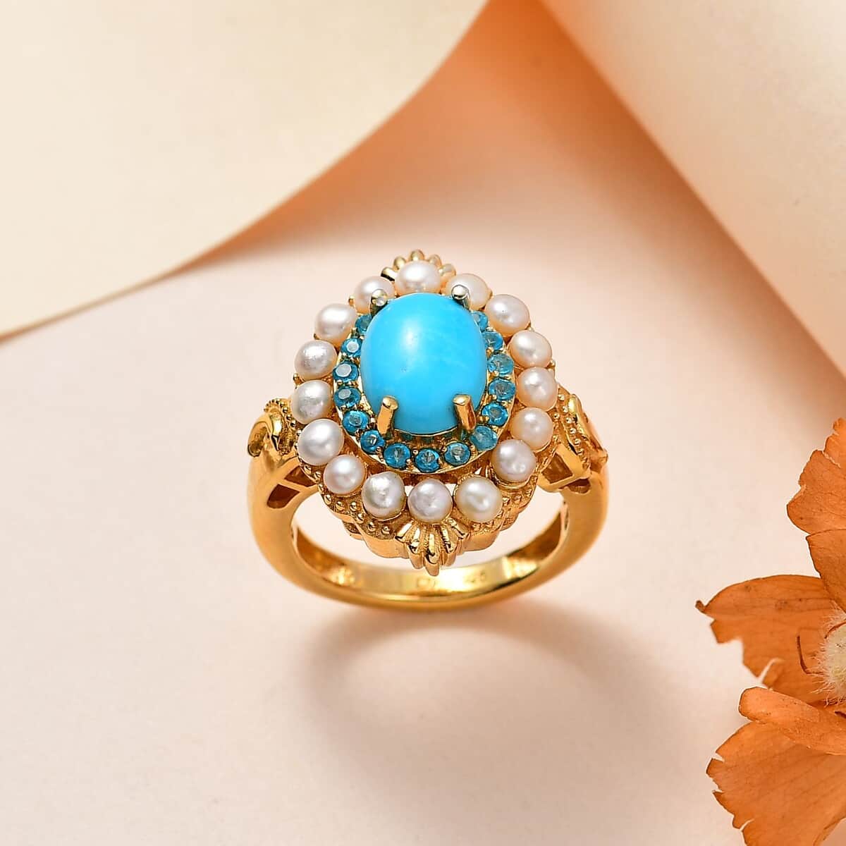 Sleeping Beauty Turquoise, Freshwater Pearl and Malgache Neon Apatite Ring in Vermeil Yellow Gold Over Sterling Silver (Size 10.0) 1.85 ctw image number 1